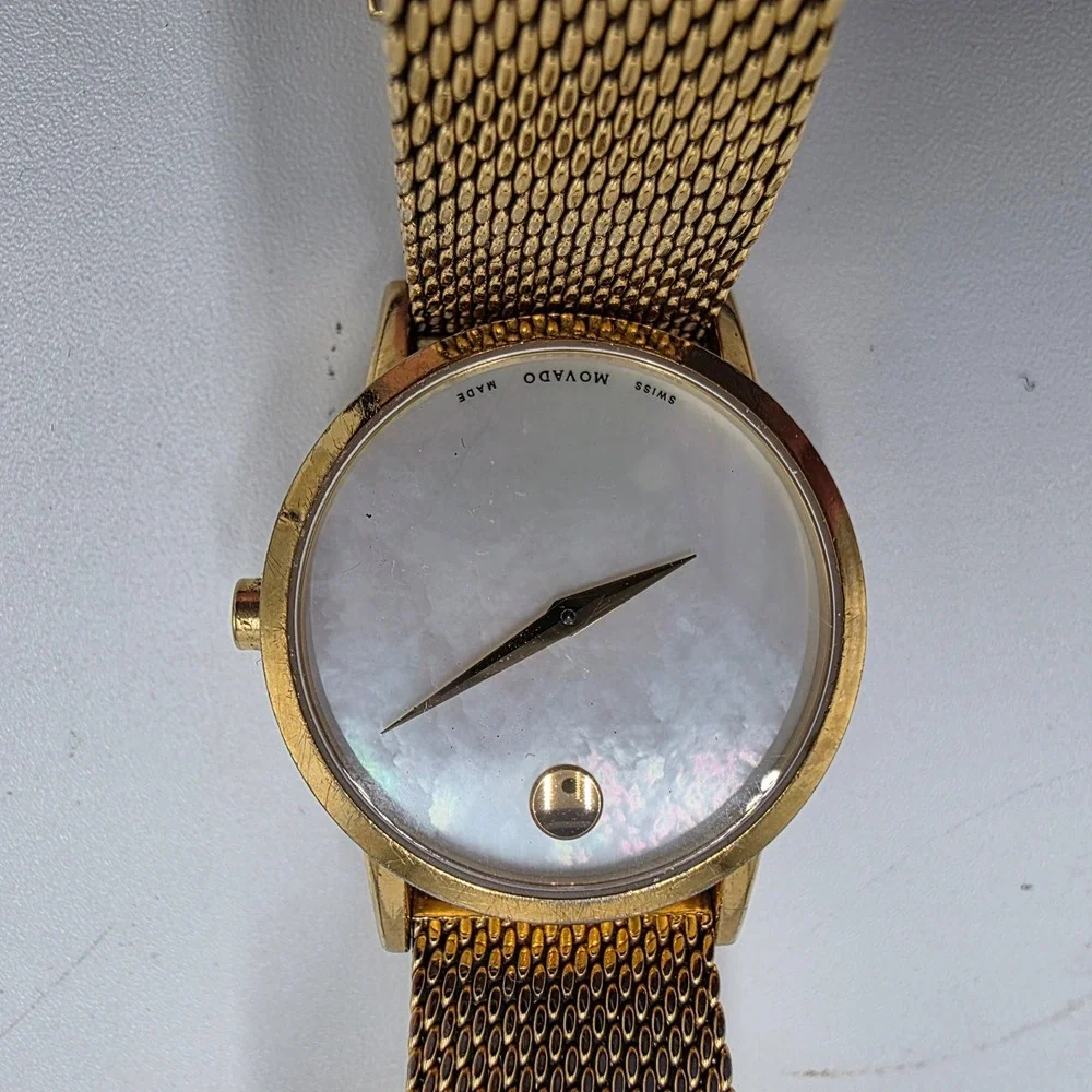 Movado Museum Gold Mother of Pearl Dial Mesh Bracelet Watch 07.3.36.1464